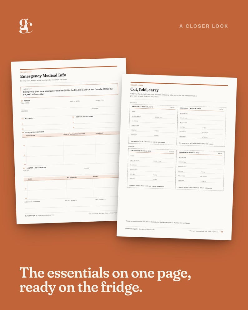 May include: Two white paper sheets with black and red text. The left sheet is titled Emergency Medical Info with fields for personal details, allergies, medications, and contacts. The right sheet shows wallet cards to cut, fold, and carry.