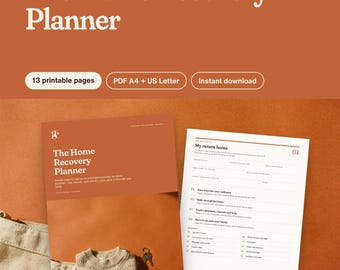 Può includere: Il Home Recovery Planner è un set di 13 pagine stampabili con una copertina color terracotta con testo bianco e una pagina interna abbinata intitolata My return home, che include sezioni per il monitoraggio di attività e necessità.