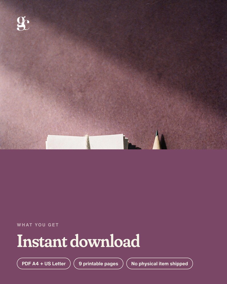 Pu&ograve; includere: Un grafico di prodotto digitale che mostra una pila di carta bianca legata con dello spago e una matita. Il testo recita: WHAT YOU GET, Instant download, PDF A4 + US Letter, 9 printable pages, e No physical item shipped.