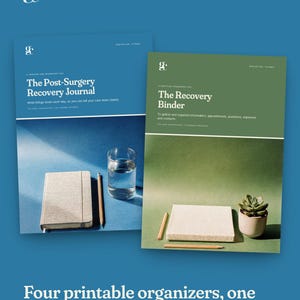 May include: Two digital document covers titled The Post-Surgery Recovery Journal in blue and The Recovery Binder in green. Both feature a light-colored notebook, a pencil, and a small object, with text detailing their purpose for tracking.