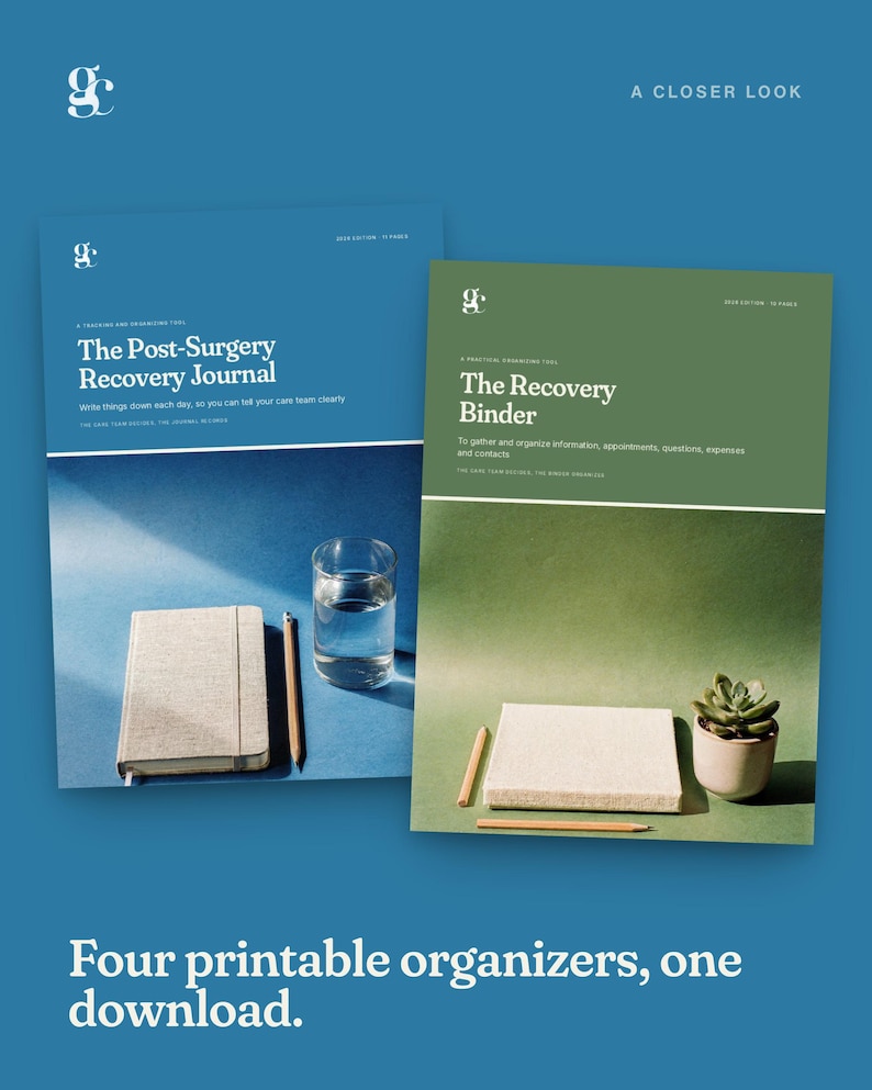 May include: Two digital document covers titled The Post-Surgery Recovery Journal in blue and The Recovery Binder in green. Both feature a light-colored notebook, a pencil, and a small object, with text detailing their purpose for tracking.