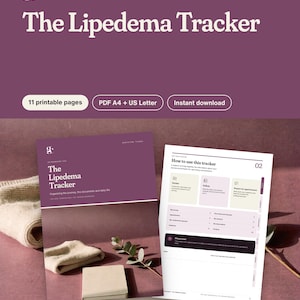 Puede incluir: Un conjunto de documentos imprimibles Lipedema Tracker con 11 p&aacute;ginas en formatos A4 y US Letter. La portada muestra el t&iacute;tulo The Lipedema Tracker en texto blanco sobre un fondo color ciruela, mientras que la segunda p&aacute;gina muestra una gu&iacute;a titulada How to use this tracker con secciones para recopilar informaci&oacute;n, seguir el progreso y preparar citas.
