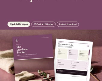 Può includere: Un set di documenti stampabili Lipedema Tracker composto da 11 pagine in formato A4 e US Letter. La copertina mostra il titolo The Lipedema Tracker in bianco su sfondo color prugna, mentre la seconda pagina presenta una guida intitolata How to use this tracker con sezioni per raccogliere informazioni, seguire i progressi e preparare gli appuntamenti.