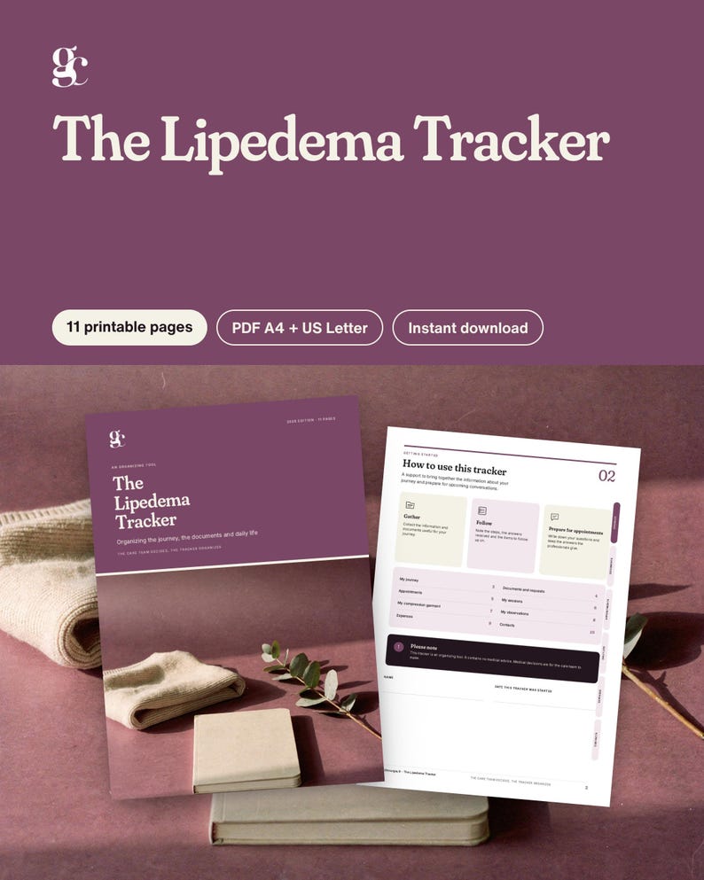 Puede incluir: Un conjunto de documentos imprimibles Lipedema Tracker con 11 p&aacute;ginas en formatos A4 y US Letter. La portada muestra el t&iacute;tulo The Lipedema Tracker en texto blanco sobre un fondo color ciruela, mientras que la segunda p&aacute;gina muestra una gu&iacute;a titulada How to use this tracker con secciones para recopilar informaci&oacute;n, seguir el progreso y preparar citas.
