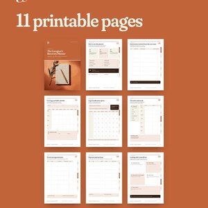 May include: A set of 11 printable pages for The Caregiver's Recovery Planner, featuring a terracotta background. The pages include sections for instructions, medication logs, shift calendars, grocery lists, travel, appointments, and expenses.