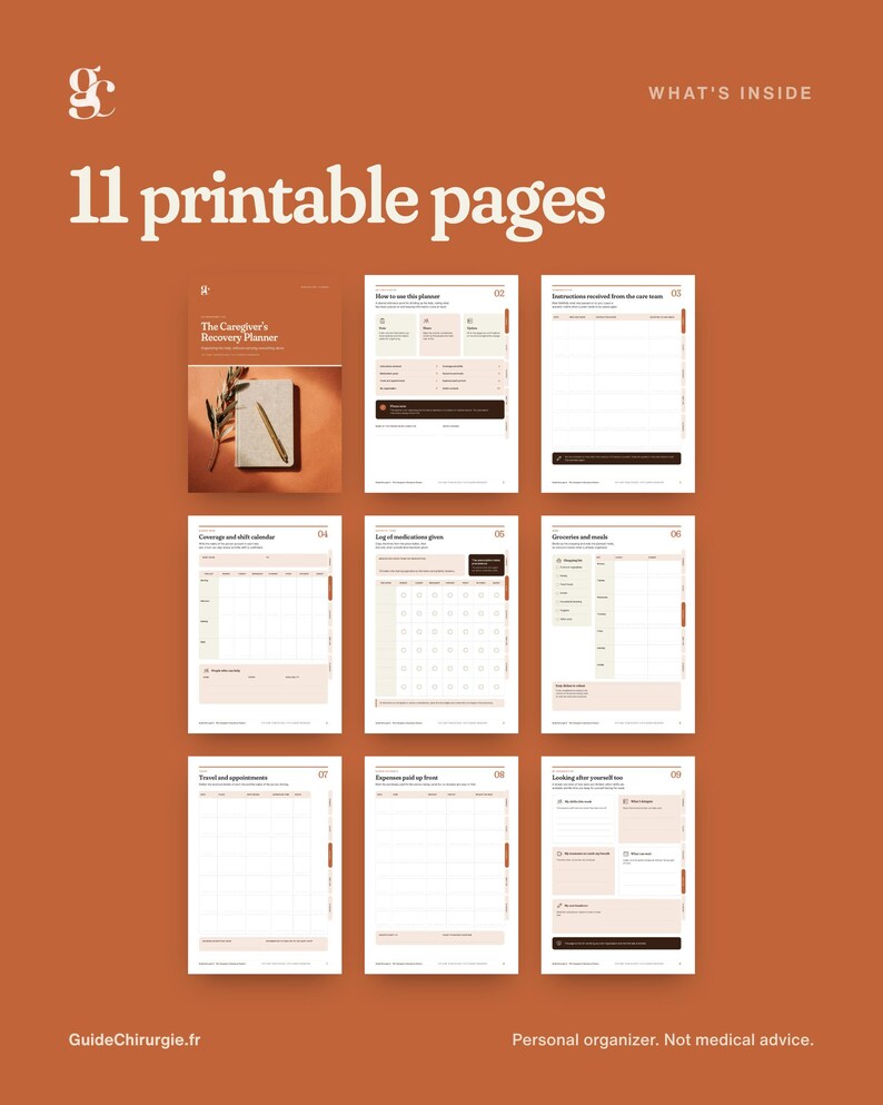 May include: A set of 11 printable pages for The Caregiver's Recovery Planner, featuring a terracotta background. The pages include sections for instructions, medication logs, shift calendars, grocery lists, travel, appointments, and expenses.