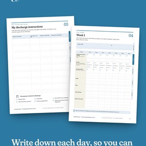 May include: Two white pages from a medical journal featuring blue and black text. The left page is titled My discharge instructions with a table for notes. The right page is titled Week 1 with a daily tracking grid for health observations.