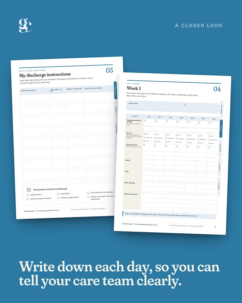 May include: Two white pages from a medical journal featuring blue and black text. The left page is titled My discharge instructions with a table for notes. The right page is titled Week 1 with a daily tracking grid for health observations.