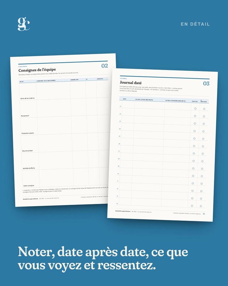 May include: Two white paper pages with blue text and grid lines. The left page is titled Consignes de l'&eacute;quipe with columns for tasks. The right page is titled Journal dat&eacute; with rows for dates, notes, and checkboxes. The background is solid blue.
