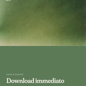 May include: A digital document graphic with a green gradient top and solid green bottom. Text includes "COSA RICEVETE", "Download immediato", "PDF A4", "10 pagine stampabili", and "Nessun articolo fisico spedito" with a small "gc" logo.