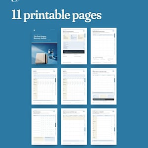 May include: A digital collection of 11 printable pages for a post-surgery recovery journal. The pages feature structured layouts for tracking medications, appointments, discharge instructions, and daily progress, all presented on a blue background.