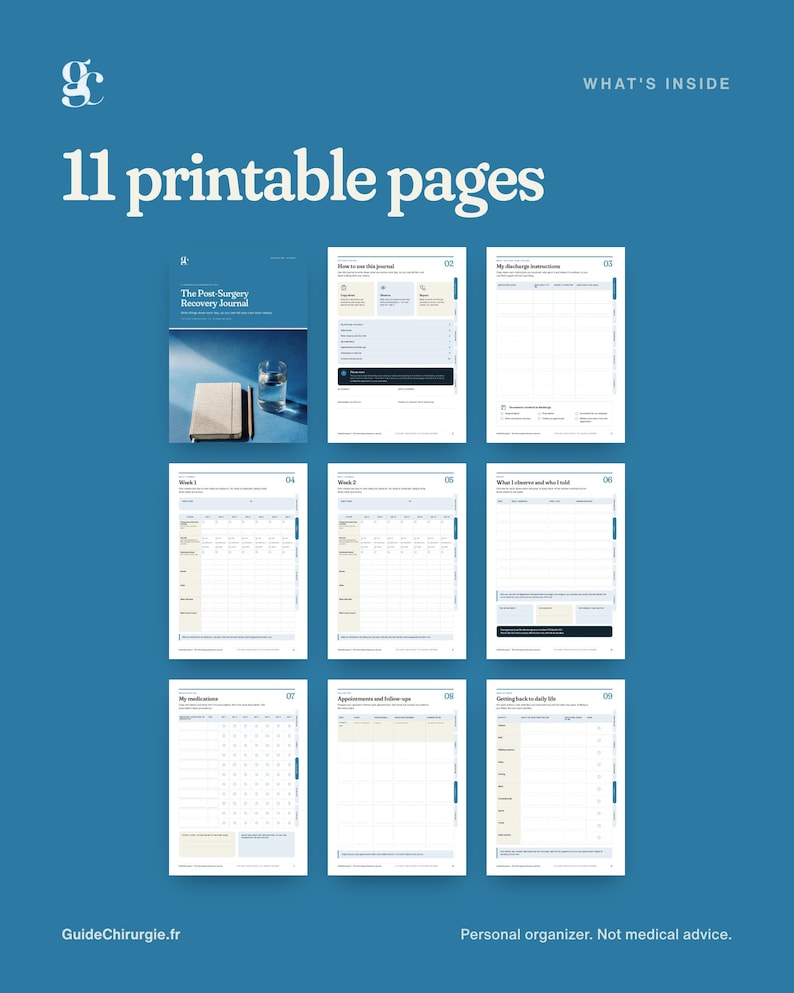 May include: A digital collection of 11 printable pages for a post-surgery recovery journal. The pages feature structured layouts for tracking medications, appointments, discharge instructions, and daily progress, all presented on a blue background.