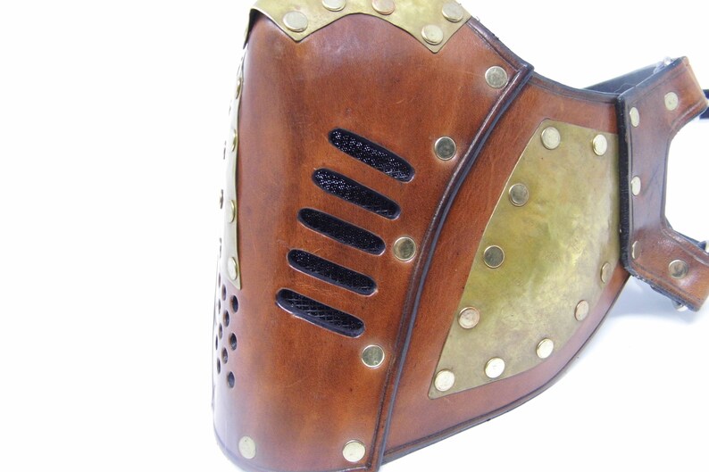 May include: A brown leather mask with brass accents and a black mesh panel. The mask has a steampunk aesthetic.