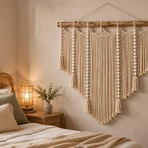Può includere: Un grande arazzo in macramè realizzato con corda di cotone color crema appeso a un ramo di legno naturale. Il pezzo presenta intricati motivi a nodo, file verticali di perline di legno bianche e nappe decorative lungo i bordi inferiori.