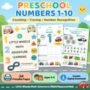 Little Wheels Math Adventure | Preschool Numbers 1-10 Worksheets | Counting & Tracing Activities | Ages 3-5