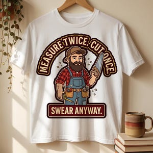 Puede incluir: Una camiseta blanca con el gráfico de una persona barbuda con camisa de cuadros roja y peto azul, sosteniendo una sierra de mano y una cinta métrica. El texto dice "MEASURE TWICE. CUT ONCE." en arco y "SWEAR ANYWAY." en un recuadro inferior.
