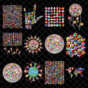 Puede incluir: Una colección de ilustraciones digitales con varias banderas nacionales dispuestas en cuadrículas, esferas, cubos y un mapa mundial, junto con personajes de dibujos animados que interactúan con estas formas sobre un fondo negro con rejilla.