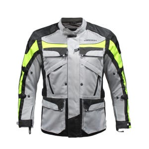 May include: A gray, black, and neon yellow motorcycle jacket featuring a high collar, multiple zippered pockets, and adjustable straps on the sleeves. The chest area displays the text KEROZON and AIR VENT SYSTEM on both sides of the upper chest.