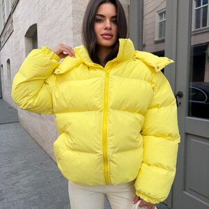 Yellow Puffer Jacket Women, Lemon Oversized Cropped Puffer with Hood, Matte Quilted Jacket, Warm Winter Puffer Coat, Puffy Cold Weather Coat
