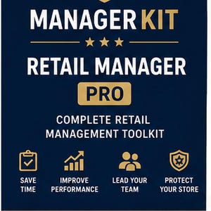 Puede incluir: Un letrero rectangular azul oscuro con texto e iconos dorados. Se lee MANAGER KIT, RETAIL MANAGER PRO, COMPLETE RETAIL MANAGEMENT TOOLKIT, SAVE TIME, IMPROVE PERFORMANCE, LEAD YOUR TEAM, PROTECT YOUR STORE y PRACTICAL TOOLS. BETTER RESULTS.