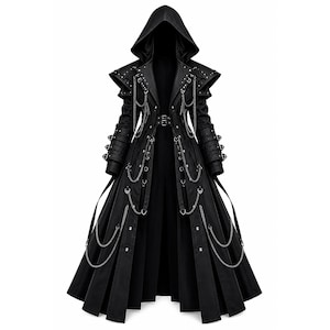 May include: A black hooded long coat featuring structured shoulders, multiple silver-toned metal chains, and decorative buckles. The garment includes a belted waist, studded lapels, and layered panels that extend to a flared hemline.