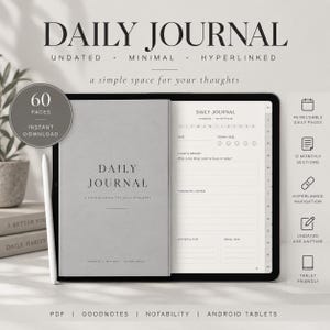 Könnte beinhalten: Ein digitales Tagesjournal auf einem Tablet-Bildschirm mit grauem Einband und einer offenen Seite mit Abschnitten für Datum, Gefühle, Notizen und Dankbarkeit. Die Benutzeroberfläche enthält verlinkte Navigations-Tabs und Text.
