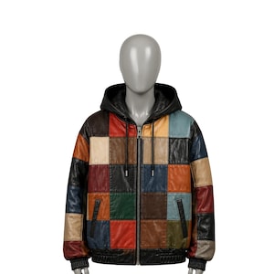 Chaqueta de cuero multicolor hecha a mano con patchwork - Chaqueta bomber con capucha para hombre - Estilo streetwear con estampado de bloques de color