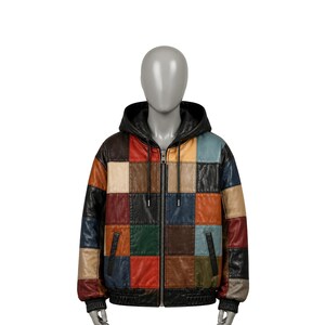 Multicolor Patchwork Handmade Leather Jacket - Men's Hooded Bomber Jacket - Color Block Pattern Streetwear Fashion