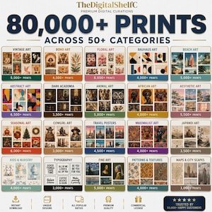 Puede incluir: Un catálogo digital titulado TheDigitalShelfC Premium Digital Curations, que presenta más de 80.000 impresiones en más de 50 categorías. La cuadrícula muestra varios estilos artísticos, incluidos vintage, boho, floral, bauhaus, playa, abstracto, dark academia, animal, africano, estético, estacional, cowgirl, viajes, maximalista, japandi, niños, tipografía, bellas artes, patrones y mapas.