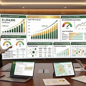 May include: A large curved digital display screen mounted on a wall in a conference room, showing various SEO performance charts, bar graphs, and data metrics including revenue, organic traffic growth, and technical health scores for a business.