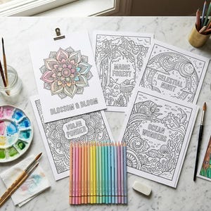Puede incluir: Una colección de páginas para colorear con diseños intrincados titulados Blossom & Bloom, Magic Forest, Celestial Night y Ocean Wonders. Incluye una paleta de acuarelas, lápices de colores en degradado, pinceles y una goma de borrar.