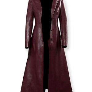 Women's Burgundy Leather Long Trench Coat – Full-Length Slim Fit Overcoat