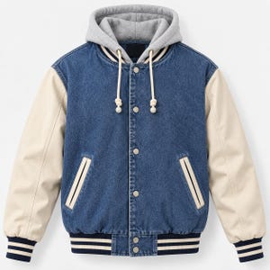 Op de afbeelding: Een varsity-stijl jack met een blauwe denim body en crèmekleurige mouwen. Het heeft een grijze jersey capuchon met witte trekkoorden, een knoopsluiting aan de voorzijde, twee zijzakken met crèmekleurige randen en gestreepte boorden.