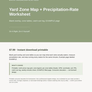May include: A digital document titled BackyardBlueprintsUS Yard Zone Map + Precipitation-Rate Worksheet. It includes a blank overlay, zone tables, a catch-can log, and an example page for mapping irrigation valves and measuring precipitation rates.