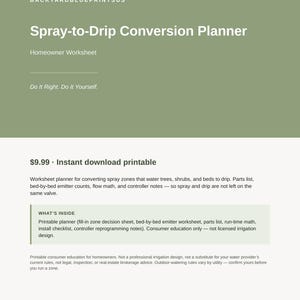 May include: A sage green digital document titled Spray-to-Drip Conversion Planner by BACKYARDBLUEPRINTSUS. The text includes Homeowner Worksheet, Do It Right. Do It Yourself., and details about a printable planner for irrigation zone conversion.