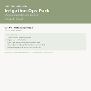 Könnte beinhalten: Ein digitales Irrigation Ops Pack mit fünf druckbaren Dokumenten für Hausbesitzer. Der Text enthält Spray-to-Drip Conversion Planner, Cycle-and-Soak Calculator, Yard Zone Map, Precipitation-Rate Worksheet, Smart Controller Setup und Winterize Checklist.