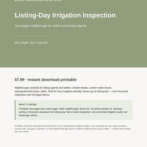 May include: A digital document titled Listing-Day Irrigation Inspection by BackyardBlueprintsUS. The sage green header features white text, while the white lower section provides a detailed checklist for sellers and listing agents regarding irrigation systems, including broken heads, valve boxes, and leaks.