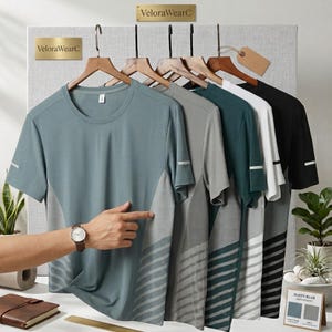 May include: A collection of five short-sleeved crew neck t-shirts hanging on wooden hangers, displayed in dusty blue, grey, dark green, white, and black. Each shirt features a side panel with a subtle diagonal striped pattern and a small reflective strip on the sleeve.