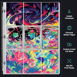 Könnte beinhalten: Ein Satz von 9-Taschen-Ordnerseiten mit einem lebendigen, mehrfarbigen Blumen- und wirbelnden abstrakten Muster. Die mittlere Reihe zeigt drei Sammelkarten: Bisasam, Bisaknosp und Mega-Bisaflor, jeweils vor einem passenden Hintergrund.
