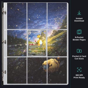 May include: A nine-pocket binder page sheet featuring a continuous landscape illustration of a starry night sky over a grassy field with flowers. An Ampharos trading card is placed in the center pocket, and a Mareep illustration is in the bottom right.
