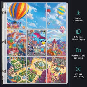 Puede incluir: Una hoja de carpeta transparente de 9 bolsillos que contiene una carta coleccionable Salamence EX centrada entre ocho secciones de una colorida ilustración que representa un pueblo con globos aerostáticos, una fuente y edificios.