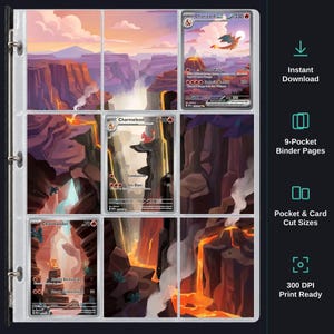 Puede incluir: Una hoja de carpeta de nueve bolsillos con una ilustración de paisaje continuo de un cañón volcánico. La obra incluye cartas coleccionables de Charizard, Charmeleon y Charmander colocadas dentro de las fundas de plástico transparente.