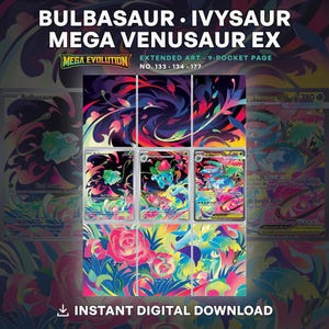 Bulbasaur 133, Ivysaur 134 & Mega Venusaur ex 177 Extended Art • Mega Evolution • 9-Pocket Binder Insert • Michi Method Page