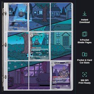 May include: A nine-pocket binder page set featuring a continuous illustrated scene of a neighbourhood at night. The cards display Duskull, Dusclops, and Dusknoir characters in a blue and purple colour palette with detailed house and room interiors.