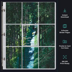 Könnte beinhalten: Eine transparente 9-Taschen-Ordnerseite mit einem durchgehenden Waldtreppenbild über alle Taschen, mit einer einzelnen Psyduck-Sammelkarte in der mittleren Tasche. Der Text rechts enthält Instant Download, 9-Pocket Binder Pages, Pocket & Card Cut Sizes und 300 DPI Print Ready.