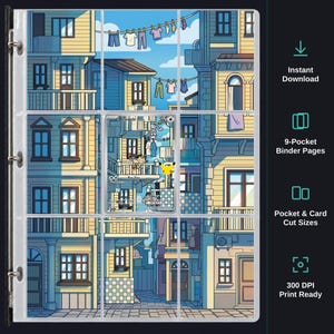 Peut inclure: Une page de classeur à neuf pochettes présentant une illustration numérique d'une rue avec des bâtiments jaunes, des balcons et du linge suspendu. Une carte à collectionner Meowth est centrée dans la pochette centrale. Texte : Instant Download.