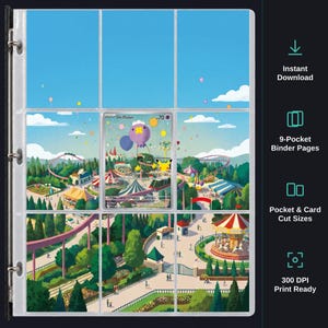 May include: A clear plastic 9-pocket binder page sheet featuring a printed amusement park scene with a Drifloon trading card in the centre pocket. The design includes a roller coaster, carousel, and colourful balloons against a blue sky background.