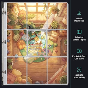 May include: A clear plastic 9-pocket binder page sheet featuring a printed background of a cozy room with plants and yarn, with a single Eevee trading card placed in the center pocket. The right side displays text: Instant Download, 9-Pocket Binder Pages, Pocket & Card Cut Sizes, 300 DPI Print Ready.