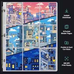 May include: A nine-pocket binder page insert featuring a continuous illustration of a city scene with Meowth characters. The artwork transitions from a pink sunset to a blue daytime sky and finally to a dark night cityscape with lit windows.