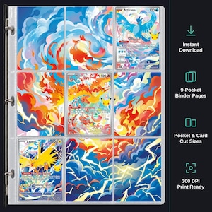 May include: A 9-pocket binder page sheet featuring a continuous artwork display of Articuno, Moltres, and Zapdos Pokémon cards. The design includes vibrant blue, orange, and yellow flames and lightning patterns with text labels for Instant Download.